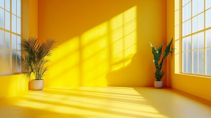 Bright yellow room with windows, filled with sunlight, perfect for online presentations and virtual meetings.