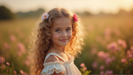 Fototapeta premium Generative, AI, A young girl with curly hair in a field at sunset, flowers in hair, warm tones.
