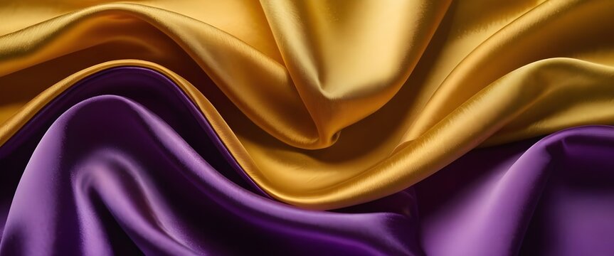 Abstract Background with 3D Wave Bright Gold and Purple Gradient Silk Fabric
