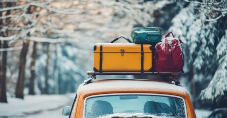 Car with Luggage Ready for Winter Vacation. AI generated illustration.