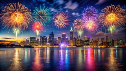 Stunning Low Light Firework Display Over a City Skyline for Captivating Night Photography