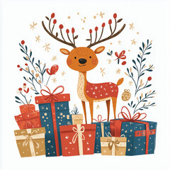 Naklejka premium reindeer with gift boxes