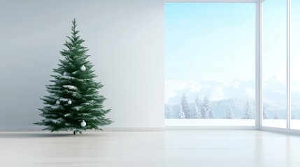 Fototapeta premium A Christmas tree with white and silver decorations, set in a modern living room with snowy windows