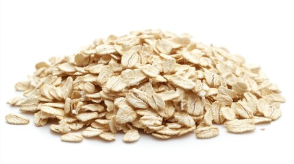 Oatmeal on solid white background, product presentation.