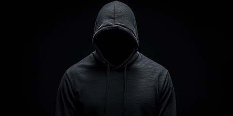 Mysterious faceless figure in a hooded sweatshirt against a dark background, representing anonymity, secrecy, and hacker identity in a shadowy and intimidating visual style