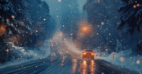 Icy road with snowy cars. AI generated illustration.
