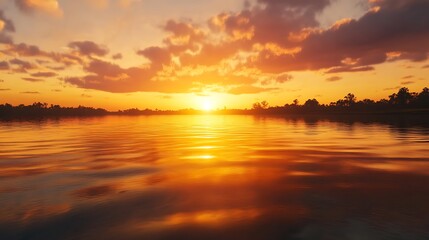 A calm lake reflecting a vibrant orange sunset, with smooth water ripples breaking the stillness.