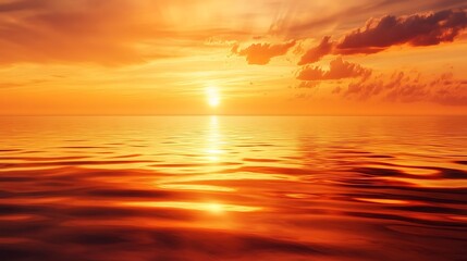 Fototapeta premium A calm lake reflecting a vibrant orange sunset, with smooth water ripples breaking the stillness.