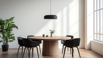 A clean dining room with a central round wooden table, simple black chairs, and a modern pendant light above, minimal decor on the walls.