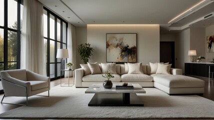 Fototapeta premium Modern living room with a calm atmosphere bathed in soft natural light. Clean white walls and a plush white sofa create a clean and airy atmosphere.