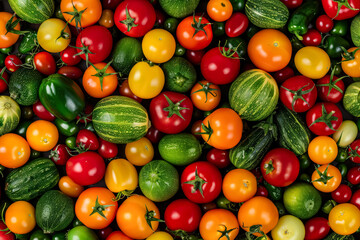 Close up of a variety of vegetables including broccoli, tomatoes, and peppers. Concept of abundance and freshness, showcasing the vibrant colors and textures of the produce