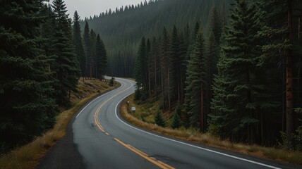 Obraz premium A winding road through a dense forest on a misty day.
