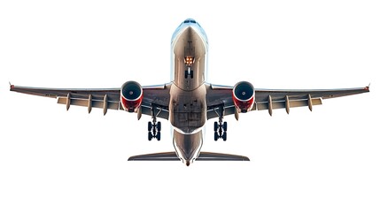 Commercial airplane descending, with wings tilted and undercarriage exposed, on a white background