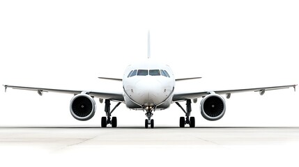 Front view of an airplane approaching, set against a bright white background, showcasing its streamlined body