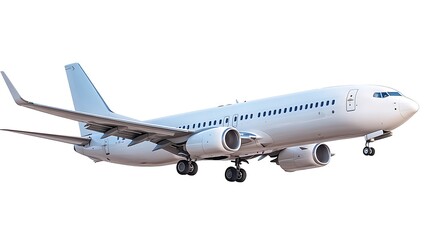 Obraz premium Modern passenger airplane flying in mid-air against a plain white background, showcasing its sleek design