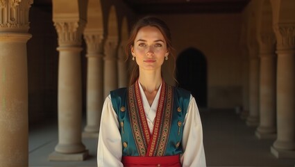 Fototapeta premium Generative, AI, Woman in traditional Korean hanbok standing in a historic palace with warm tones and intricate patterns.