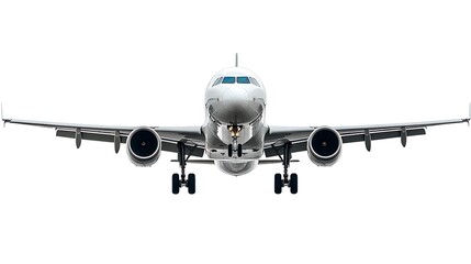 Passenger airplane with fully extended landing gear, descending on a white background
