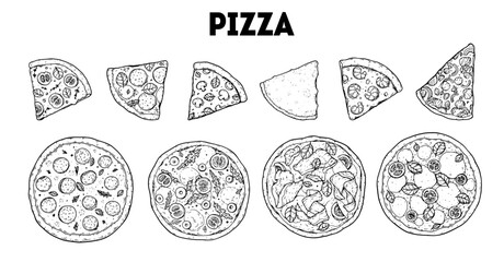 Hand drawn set of pizza. Italian pizza sketch collection. Design elements. Vector illustration. Italian food. Menu, package design