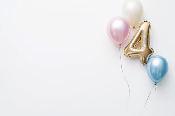 Gold number 4 balloon with pastel balloons for fourth birthday celebration, event decoration, or party design with minimal and elegant aesthetic in a festive setup