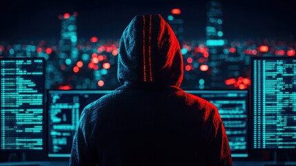 Analyze the methods used in impersonation scams targeting businesses through fake invoices and unauthorized transactions, Silhouette of a hooded figure in front of computer screens