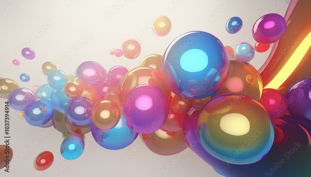 Wall mural 3d rendering of multi colored bubbles with light effect against white background