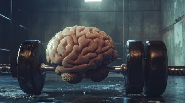 Three dimensional render of human brain lifting weights