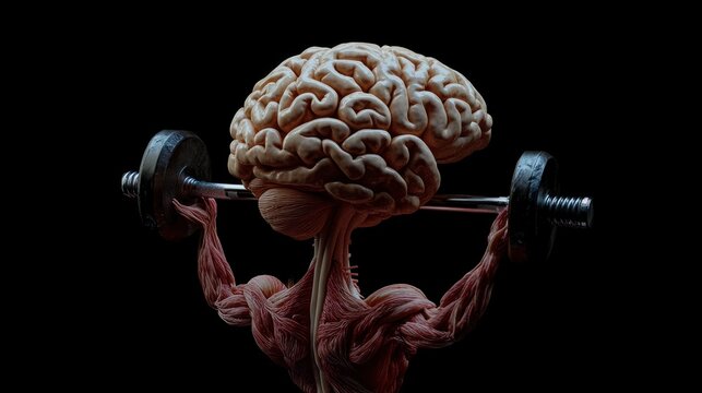 Three dimensional render of human brain lifting weights