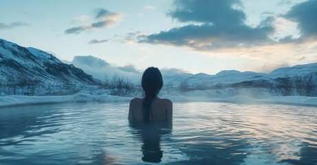 Girl Bathing in Hot Spring with Mountain View. AI generated illustration.