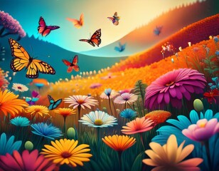 a colorful field of flowers with butterflies and bees flying around