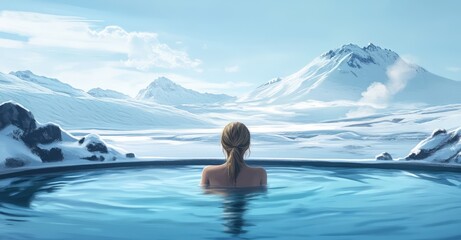 Naklejka premium Girl Bathing in Hot Spring with Mountain View. AI generated illustration.