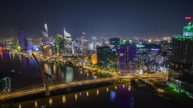 Aerial Time-lapse of Ho Chi Minh City Skyline at Night, Vietnam