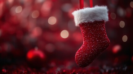 A Festive Christmas Stocking Hanging on a Vibrant Red Background Perfect for Holiday Decor and Seasonal Promotions