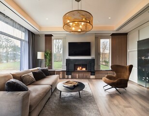 Fototapeta premium a large living room with a fireplace a couch and a tv