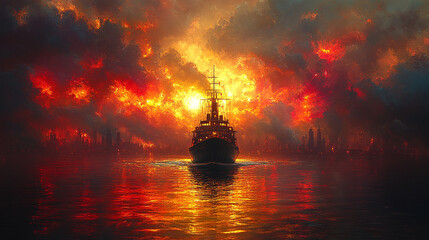 Obraz premium A small, gray rowboat on a body of water. Fiery orange clouds above.