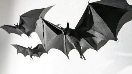 Paper bats hanging on a white background, with their wings positioned at different angles to mimic flight, casting spooky shadows for Halloween --chaos