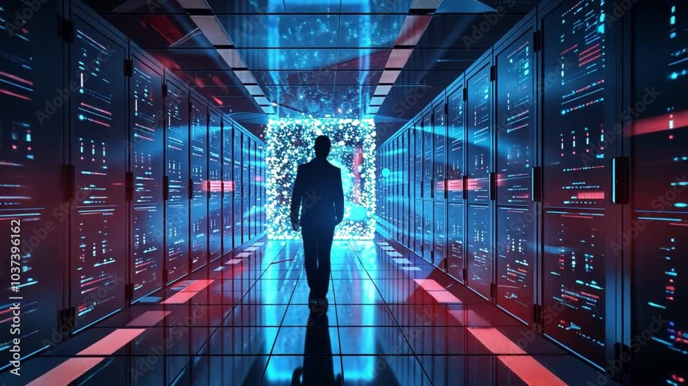 Poster In a high-tech data center, an individual walks towards a radiant portal filled with digital light, surrounded by rows of illuminated servers reflecting modern technology.
