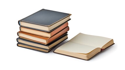 A small stack of softcover books placed next to an open journal on a white background