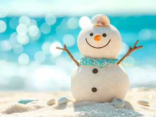 AI-Generated image of A snowman is standing on the beach with a blue scarf around its neck. The scene is bright and cheerful, with the snowman's smile