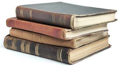 Several thick textbooks stacked on top of each other, isolated on a white background