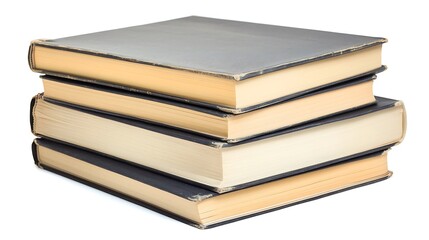 Several thick textbooks stacked on top of each other, isolated on a white background