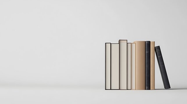 Row of books with hardcovers standing upright on a plain white background