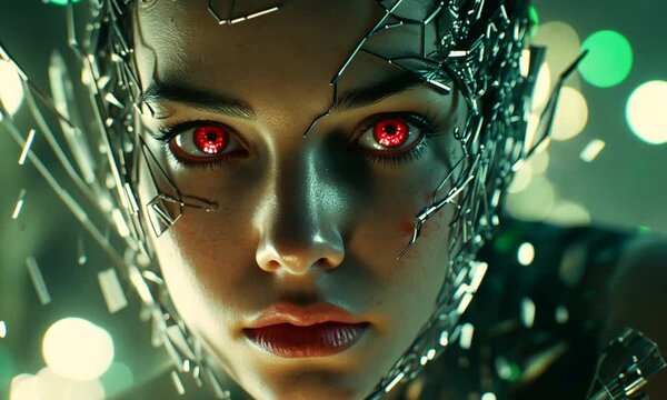 Close-up of a woman with red eyes and a metallic headpiece