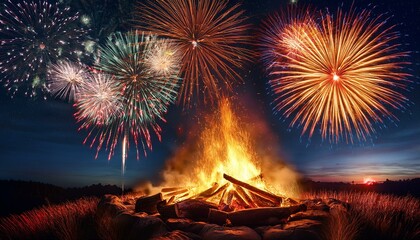 crackling bonfire with vibrant fireworks illuminating the night sky capturing the essence of guy fawkes night celebration