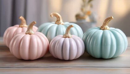 delicate pastel pumpkins on a wooden table