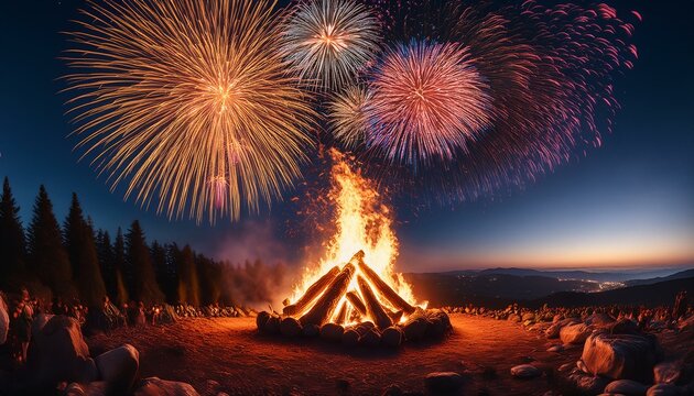 crackling bonfire with vibrant fireworks illuminating the night sky capturing the essence of guy fawkes night celebration