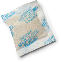 desiccant silica gel packet isolated white background, filled with beads form of silicon dioxide...