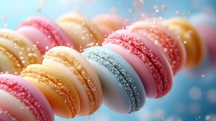 Vibrant and Colorful Macaroons Perfectly Arranged on a Blue Background - Ideal for Food Blogs and Dessert Menus