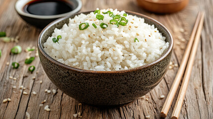 White rice served in a small ceramic bowl, placed on a wooden table with soy sauce and chopsticks nearby, creating a traditional meal setting. --chaos