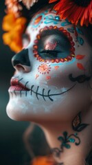 Close-up of a beautiful woman with Day of the Dead makeup.