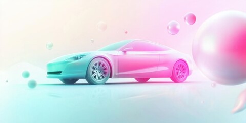 Futuristic electric car in pastel colors surrounded by floating bubbles